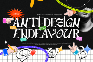 fond noir avec des éléments graphiques colorés placés de manière aléatoire et un texte au centre "anti-design Endeavour"